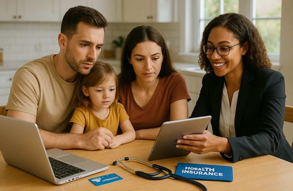Young family reviewing health insurance options with advisor at kitchen table, stethoscope and insurance card on laptop beside them.