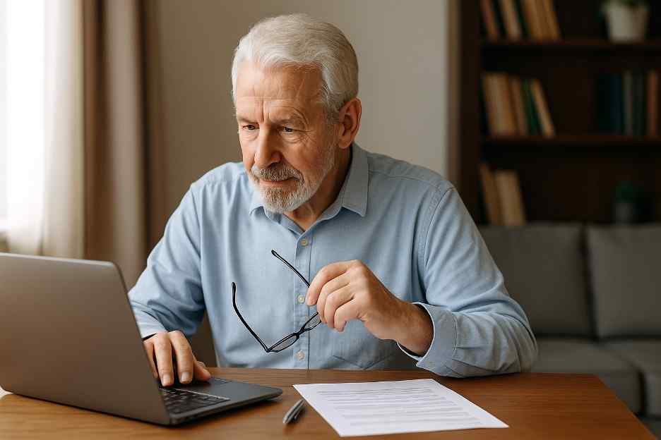 Senior planning retirement income using annuity calculator on laptop