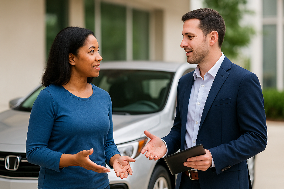 Driver and agent in bright office discussing car insurance quotes, laptop open on desk with a car model nearby symbolizing policy topic