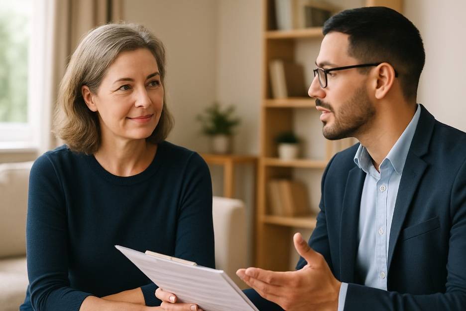Confident adult reviewing liability coverage options with insurance agent