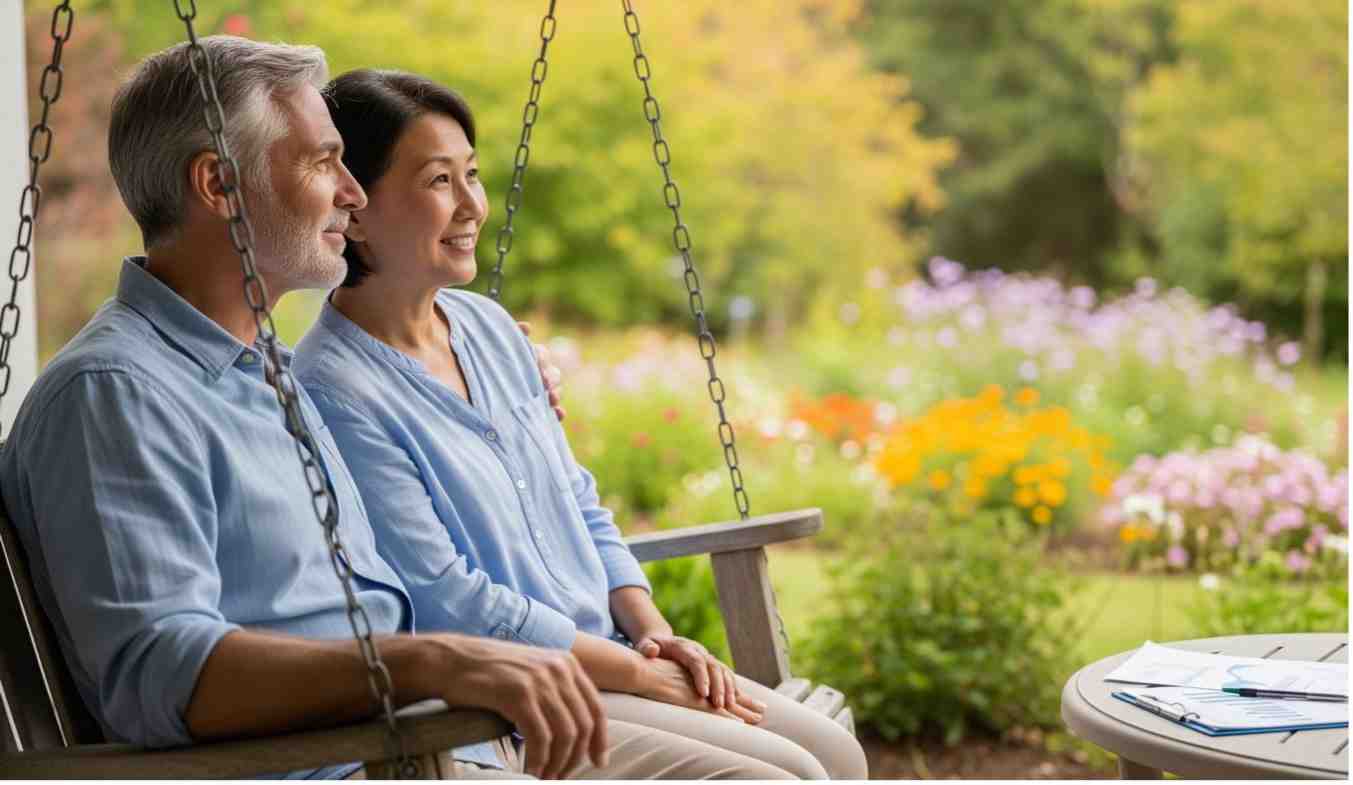 A thoughtful senior couple sitting on a porch swing, looking out at a peaceful garden, symbolizing security and well-being in retirement, with a subtle hint of financial planning documents in the foreground.